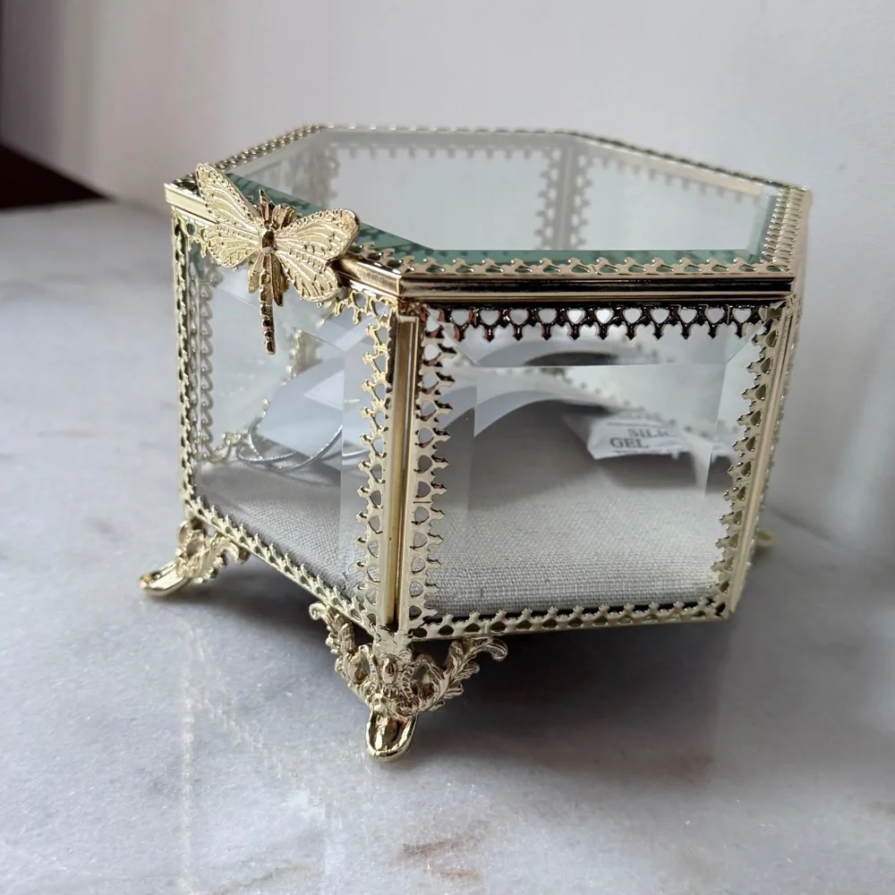Antique style glass and gold filigree jewelry box
